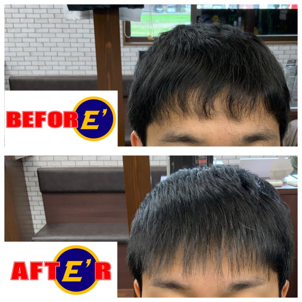 カットと前髪ストレートの施工例です。前髪のクセを自然に伸ばし、ハサミによるナチュラルな刈り上げで清潔感のあるスタイルに仕上げました。