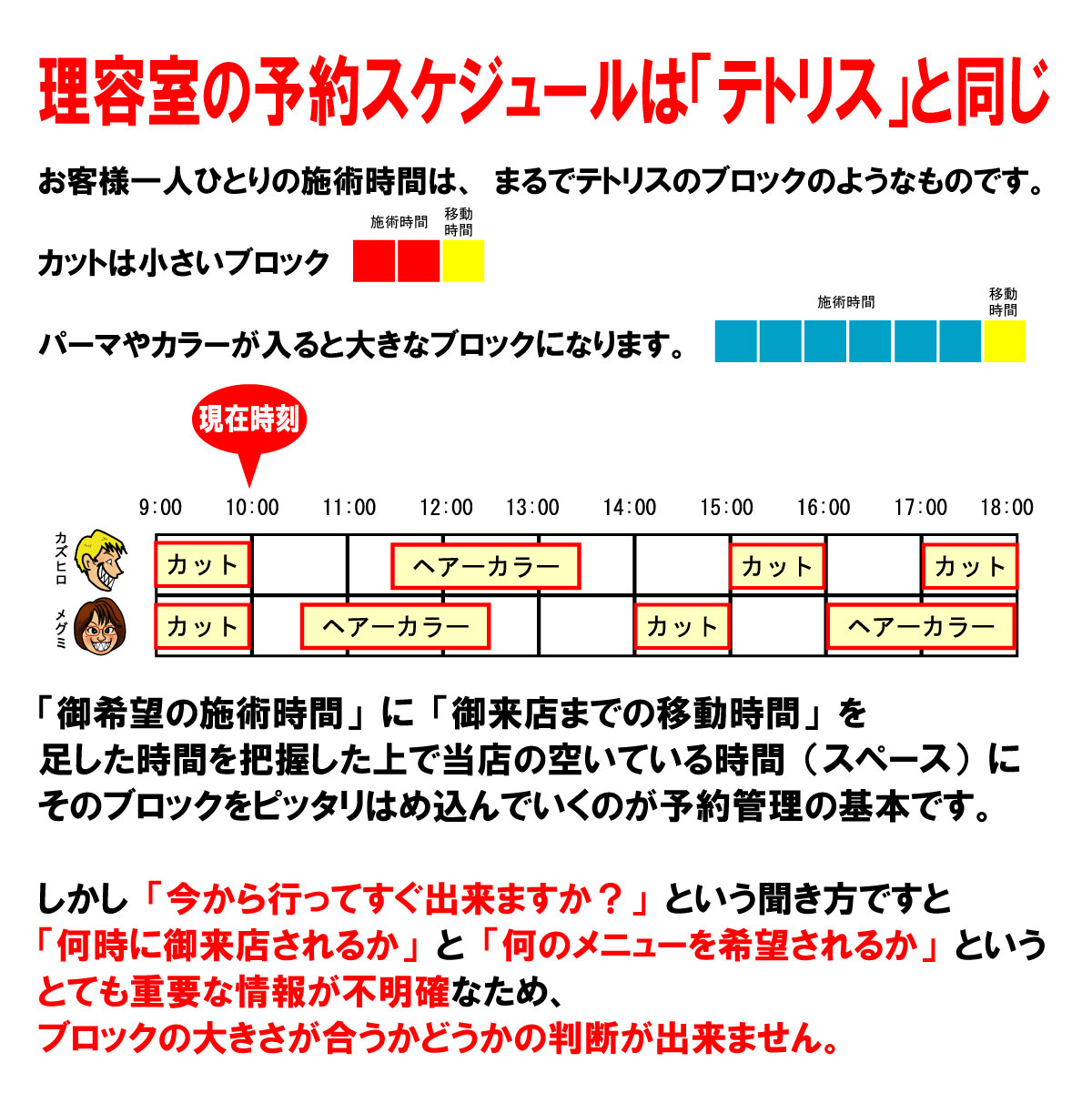 「御希望の施術時間」に「御来店までの移動時間」を足した時間を把握した上で、当店の空いている時間(スペース)に、そのブロックをピッタリはめ込んでいくのが予約管理の基本です。