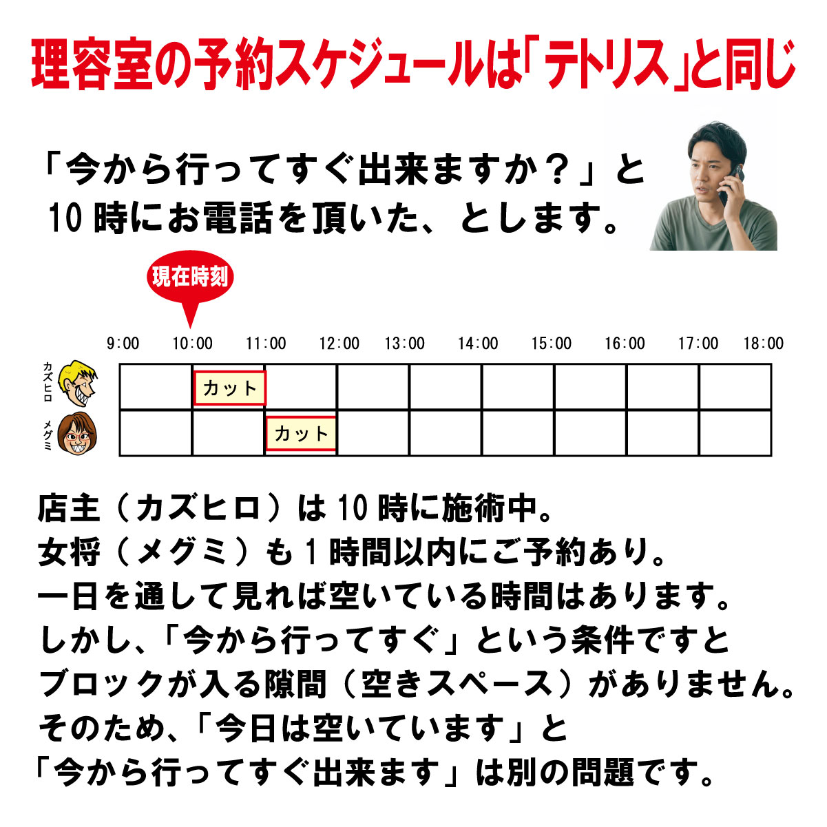 店主(カズヒロ)は10時に施術中。 女将(メグミ)も1時間以内にご予約あり。