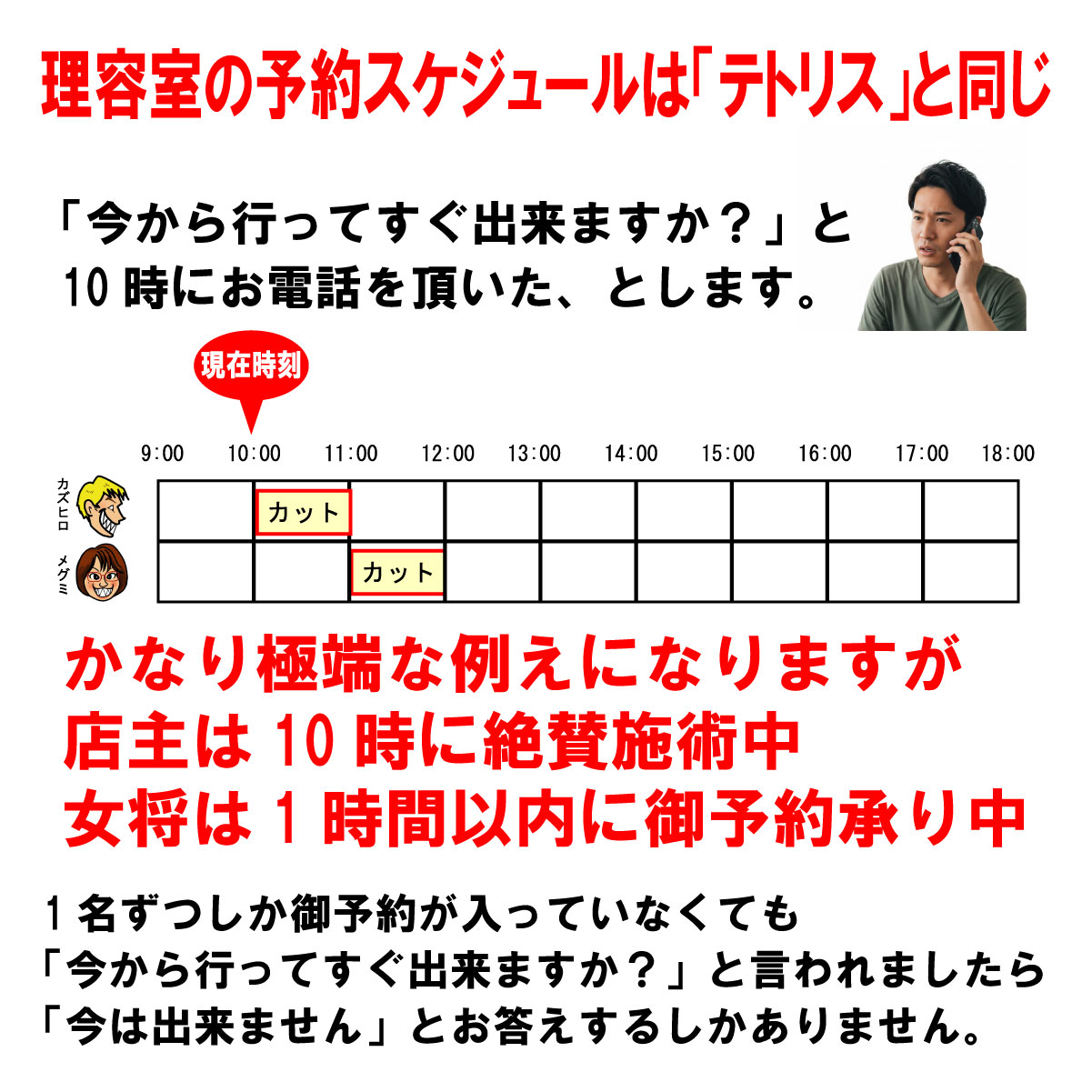 仮に「今から行ってすぐ出来ますか?」と10時にお電話を頂いた、とします。