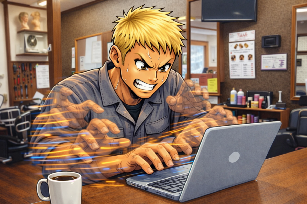 「手が阿修羅の如く残像が残るほどのブラインドタッチで鬼の形相でパソコンに向かっているところ」