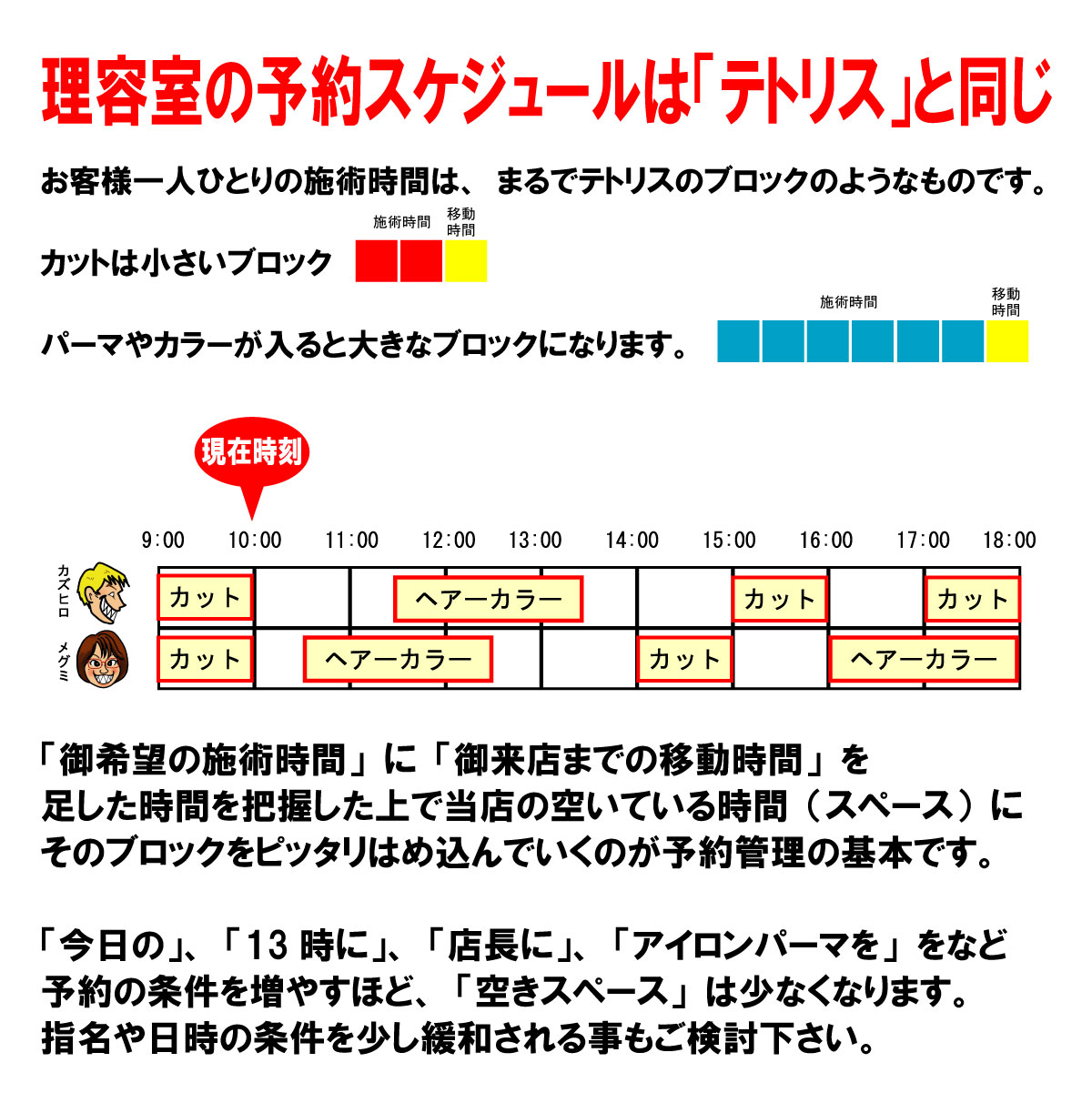 理容室の予約スケジュールは「テトリス」と同じです 当店ではお客様一人ひとりの施術時間を、テトリスのブロックのように考えて予約管理をしております。 カットは比較的小さなブロックですが、カラーやパーマは大きなブロックになります。 さらに、 ・到着予定時刻 ・ご希望メニュー ・技術者指名の有無 などの条件が加わると、入れられる空きスペースは少なくなります。 そのため、「今から行ってすぐ出来ますか？」だけでは、ご案内出来るかどうか判断出来ません。